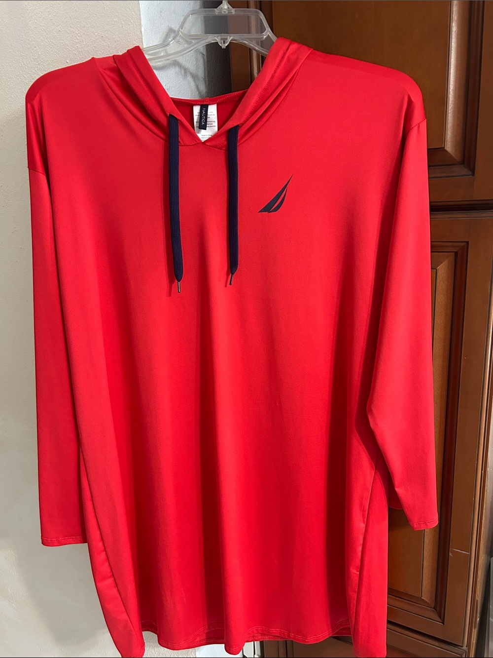 Nautica Red Hooded Performance Long Sleeve with Navy Accents